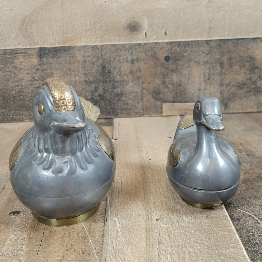 Vintage Pewter Brass Duck Figurine Trinket Box Orante Decor Set of 2 Hong Kong - Picture 3 of 11